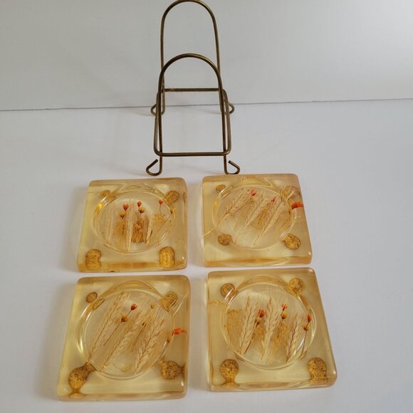 Vintage Kendalls Lucite Coasters With Dried Flowers & Stand Set Of 4 - Picture 1 of 6